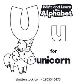 Magical unicorn with long horn and pretty hair ready to be colored, with letter 'U' majuscule and minuscule for easy learning of the alphabet.