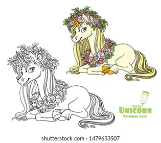 Magical unicorn in a magnificent wreath of roses lies on the floor color and outlined picture for coloring book on white background
