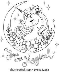 Magical unicorn with moon and flowers. Vector outline for coloring page