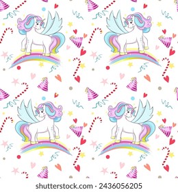 A magical unicorn on a rainbow surrounded by holiday decor. Seamless pattern for fabric or wallpaper, gift wrapping paper. Vector illustration in pastel colours. Repetitive background for printing.