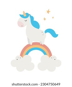 Unicornio mágico sobre un arcoiris. Ilustración vectorial al estilo de las caricaturas. Para tarjetas, carteles, pancartas, libros para niños, impresión en envases, ropa, tela, papel pintado, textiles o vajilla.