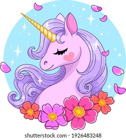 Magical unicorn with petals and anemones. Vector illustration isolated