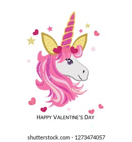 Magical unicorn with pink and red shining heart. Valentine's Day greeting card