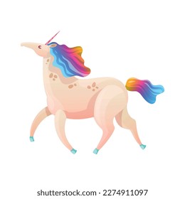 Magical unicorn with rainbow color tail and mane cartoon vector illustration