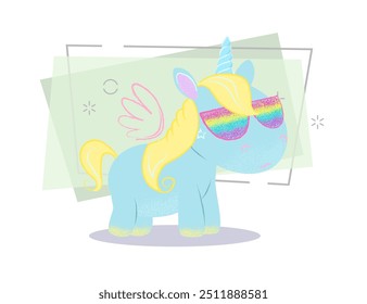 Magical unicorn in rainbow eyeglasses. Dreaming concept. Vector illustration can be used for topics like fairytale, myth, fantasy, positivity, optimism