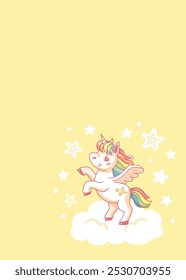 Unicornio mágico con una melena y cola de arco iris está saltando sobre una nube, rodeado de estrellas brillantes. Ilustración vectorial