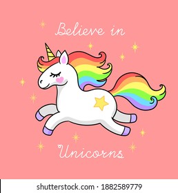 Magical unicorn with rainbow mane. Vector illustration