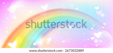 Magical unicorn rainbow with rain sparkles isolated on sky gradient blending with glowing hearts. Dreamy arc curves through pastel heaven for fantasy backgrounds or children fairy party design.