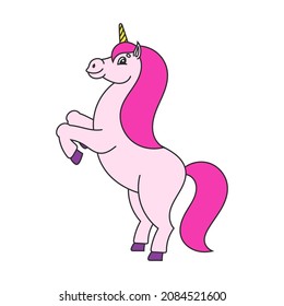 The magical unicorn reared up. The animal horse stands on its hind legs. Cartoon style. Simple flat vector illustration.