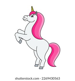 The magical unicorn reared up. The animal horse stands on its hind legs. Cartoon style. Simple flat vector illustration.