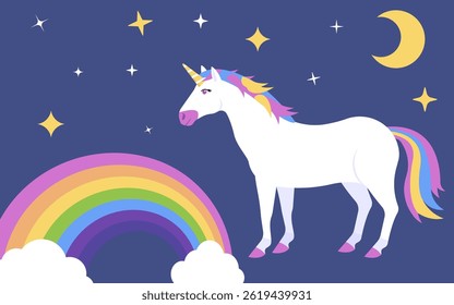 A Magical Unicorn Rests Under a Starry Sky Radiating Vibrant Colors with a Beautiful Rainbow