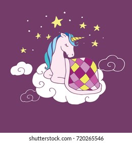 Magical unicorn sleeping on a cloud