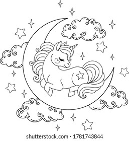 Magical Unicorn Sleeping On The Moon. Vector Outline For Coloring Page