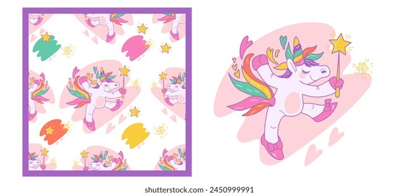 Magical unicorn themed set with seamless pattern and unicorn character, cartoon kawaii style vector illustration.