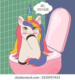 Magical Unicorn in the toilet. Funny art with cartoonish style Unicorn. Cute vector Unicorn can used children's room interior poster design.	