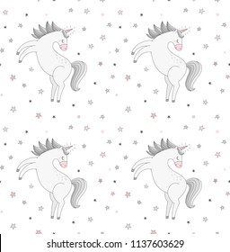 Magical unicorn vector pattern with stars. Hand drawn cute baby seamless print.