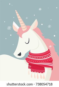 magical unicorn at winter scene. merry christmas and happy new year