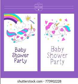 Magical unicorns. Cute design for baby shower. Little unicorns. For registration of a children's party, baby shower parties, postcards, banners, textiles.