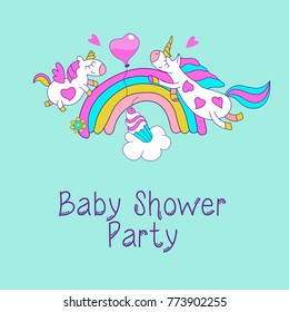 Magical unicorns. Cute design for baby shower. Little unicorns. For registration of a children's party, baby shower parties, postcards, banners, textiles.