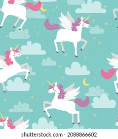 Magical unicorns fly against a sky filled with clouds, stars, and moons. These pegasus ponies seamlessly repeat in this fantasy themed vector pattern. It's perfect for backgrounds or surface designs.