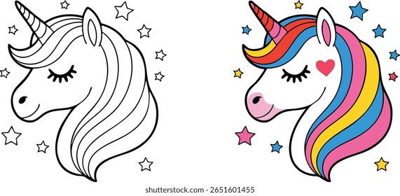 Magical Unicorns Line Art and Color: Captivating illustration of a unicorn head in both line art and full color. Line and color unicorns vector illustration for coloring book. editable