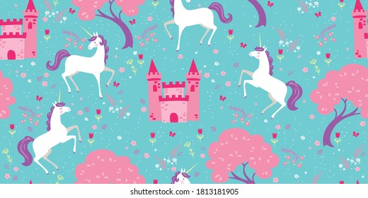 Magical Unicorns and Pretty Castles seamlessly repeat in this fantasy themed vector pattern. It's perfect for backgrounds, fabric, or wall paper. Cheerful, girly color scheme.