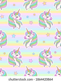 Magical unicorns with stars. Seamless striped pattern in pastel colors