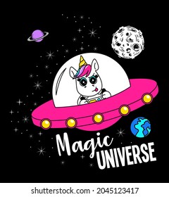 MAGICAL UNIVERSE, SPACESHIP DRIVEN BY UNICORN