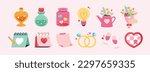 Magical Valentines day element set isolated on light pink background. Including cute love potions, calendars, diamond rings, champagne glass, light bulb, bouquets and puzzle package