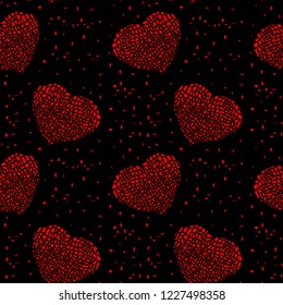 Magical Valentine's Day vector seamless pattern in Mondriaan (Mondrian) style bright red hearts on a black background for bedding, textile, wallpaper, wrapping, furnishings, cover page, web site.