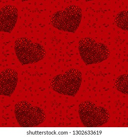 Magical Valentine's Day vector seamless pattern in Mondriaan (Mondrian) style bright scarlet hearts on a red background for bedding, textile, wallpaper, wrapping, banner, cover page, web site.