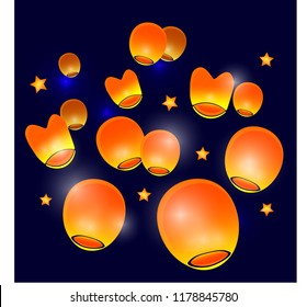 Magical vector background of starry night full of luminous chenese paper lanterns