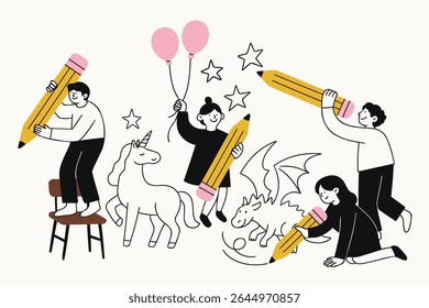 Magical vector of children drawing fantasy scenes with giant pencils. Features a unicorn, dragon, balloons, and stars. Perfect for creative storytelling, kids art, and imaginative learning themes.