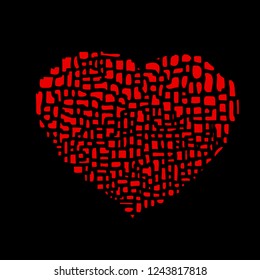 Magical vector illustration bright red heart breaking into pieces on a black background for desing, wallpaper, card, cover page, web site, banner, typographic print.