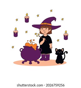 A magical vector illustration with a little witch, a black cat, a bubbling potion in a cauldron, candles and stars. A magical illustration for the Halloween holiday for printing on clothes, postcards