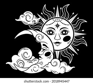 Ilustración vectorial mágica para tarot, astrología, alquimia celeste, zodiaco. Sol místico y luna con cara sobre fondo negro.