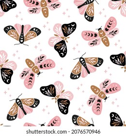 Magical vector seamless pattern - Celestial butterfly with moon phases, floral branch. Mystical insect luna moth on white background. Design for boho print, fabric, baby clothes, textile.