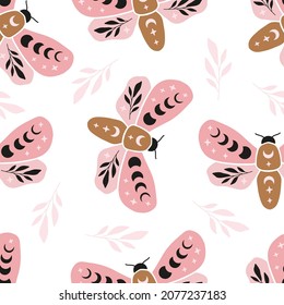 Magical vector seamless pattern - Celestial butterfly with moon phases, floral branch. Mystical insect luna moth on white background. Design for boho print, fabric, baby clothes, textile.