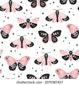 Magical vector seamless pattern - Celestial butterfly with moon phases, stars. Mystical insect luna moth on white background. Design for boho print, fabric, apparel, textile, wallpaper.