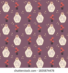 Magical vector seamless pattern with potions, stars and poisonous mushrooms. Purple, red and yellow fantasy background