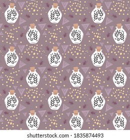 Magical vector seamless pattern with potions, branches, dots, triangles and spiders. Purple, white and yellow fantasy background