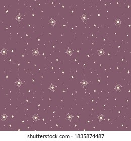 Magical vector seamless pattern with stars. Purple and yellow fantasy background