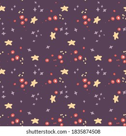 Magical vector seamless pattern with stars and circles. Purple, red and yellow fantasy background