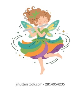 A magical vector set illustrating a cheerful fairy character dancing in a colorful dress with a flute.