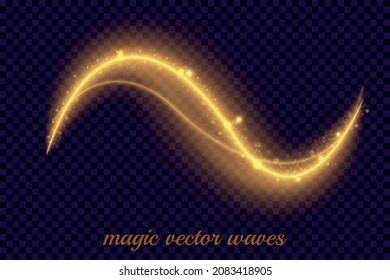 Magical vector waves.Golden sparkling light trails on transparant background. Glowing shiny spiral lines effect. The yellow sparks and golden stars shine. Magical dust particles. Vector