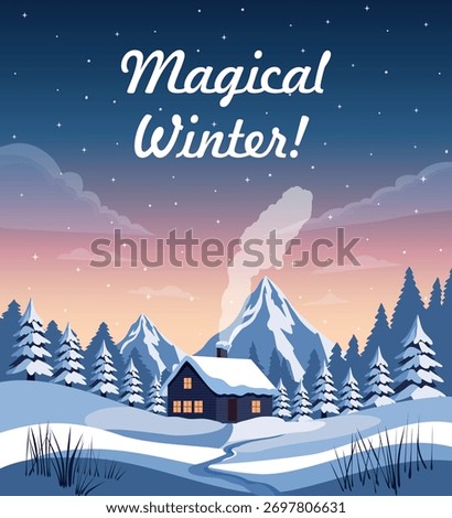 A magical vector winter landscape with a cute house and sunset sky. Fir trees and mountains in cool blue, purple tones. Christmas background. Perfect for Christmas and New Year cards, winter designs