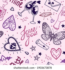 magical vector witch's valentine's day pattern with words of love, hearts, butterfly and glasses of wine
