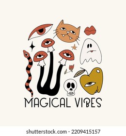 Magical vibes. Vector hand drawn illustration with surreal mushrooms, apple, flower. Creative abstract artwork . Template for card, poster, banner, print for t-shirt, pin, badge, patch.