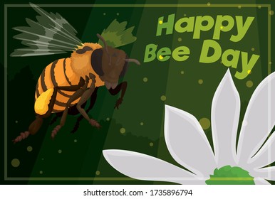 Magical view with forest silhouette, light gap and flying bee approaching a flower ready to pollinate it and celebrate a happy Bee Day.