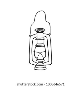Magical vintage metal camp kerosene lamp with light fire hand drawn illustration. Outline sketch. Astronomy old antique oil lantern isolated on white background. 